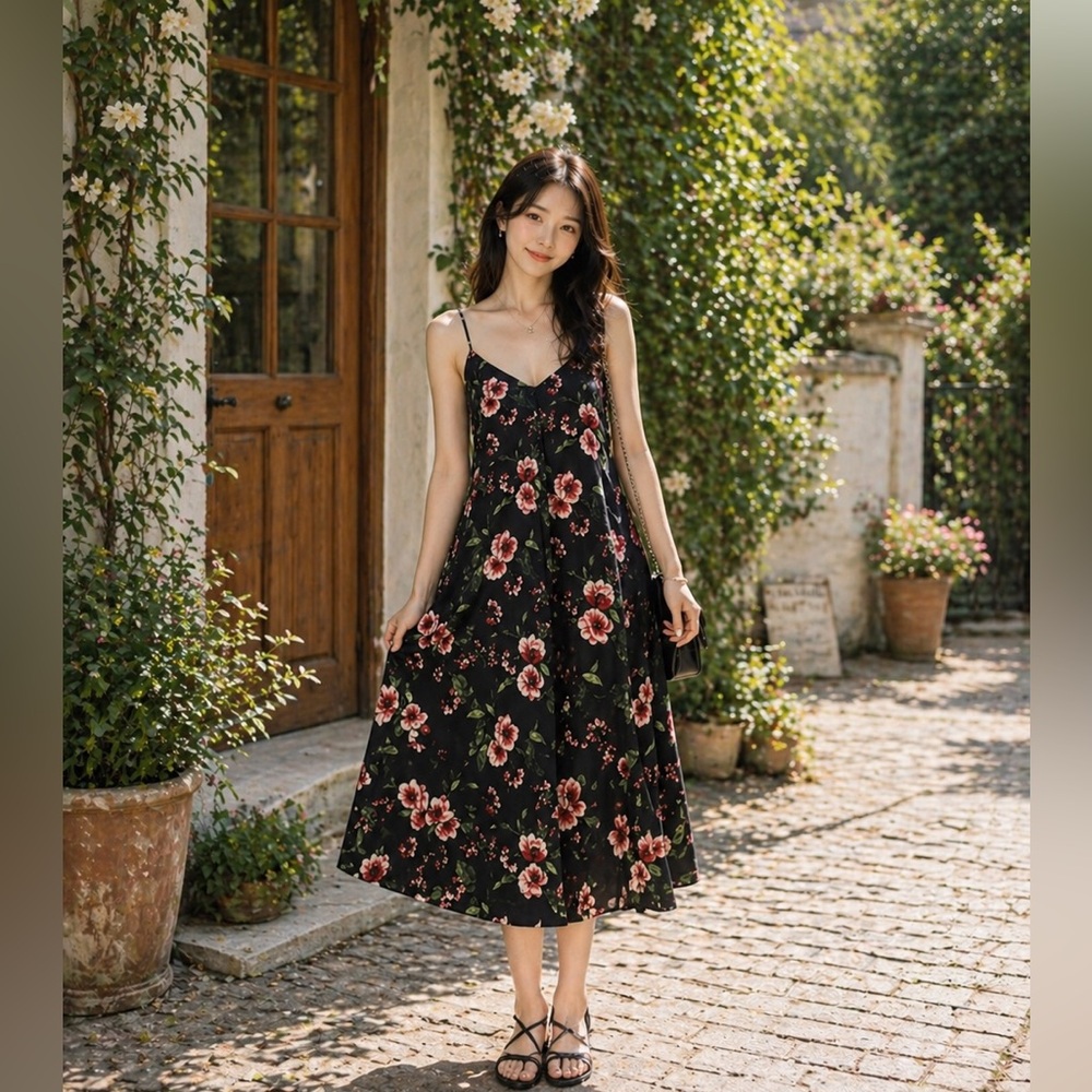 🎄FIRM PRICE🎄 Black V-Neck Floral-Print Casual Shift Party Dress